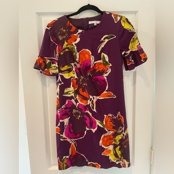 Trina Turk Purple Orange Pink Floral Short Ruffle Sleeved Scoop-neck Dress Lined - Picture 2 of 7